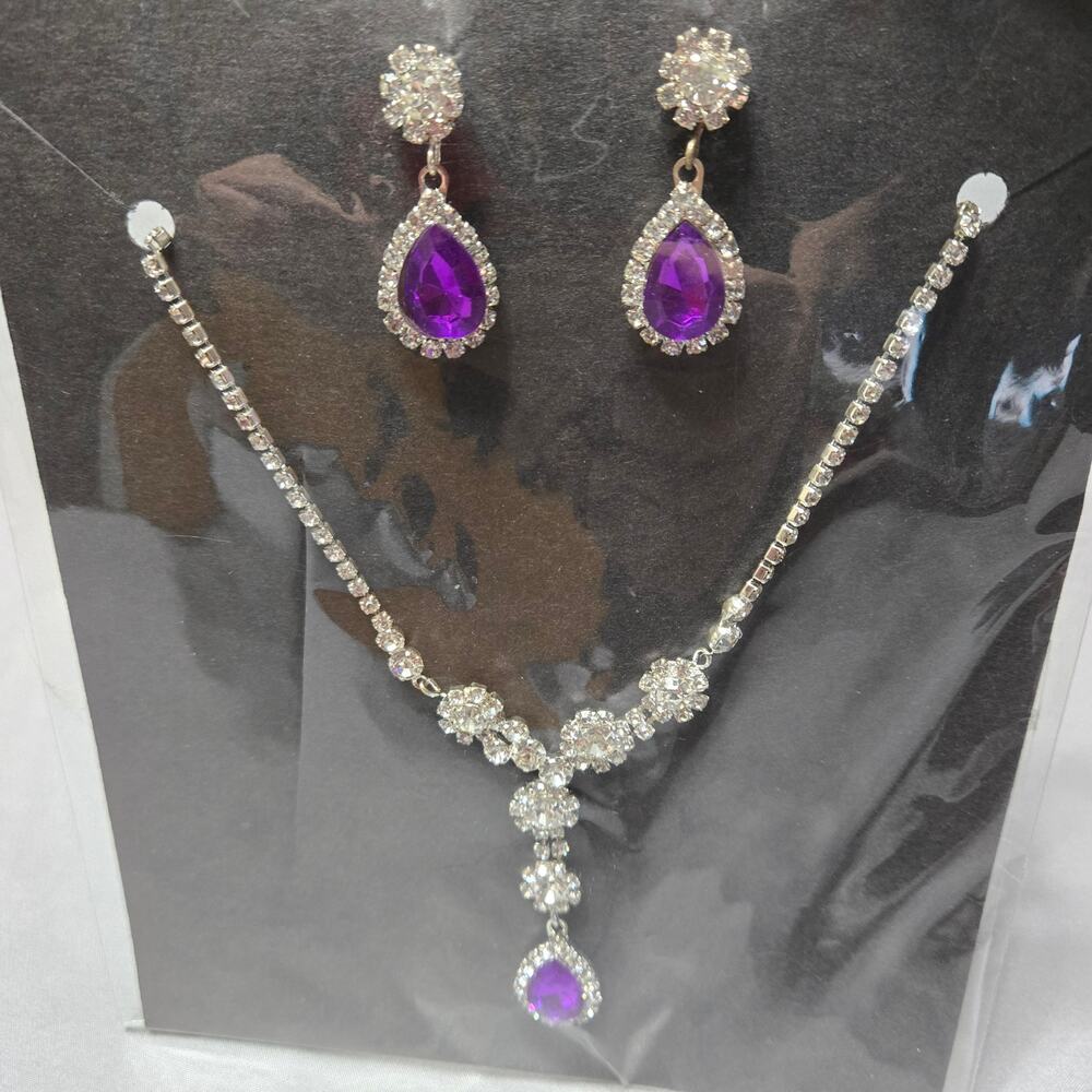 Royal Purple Rhinestone Teardrop Necklace & Earring Set